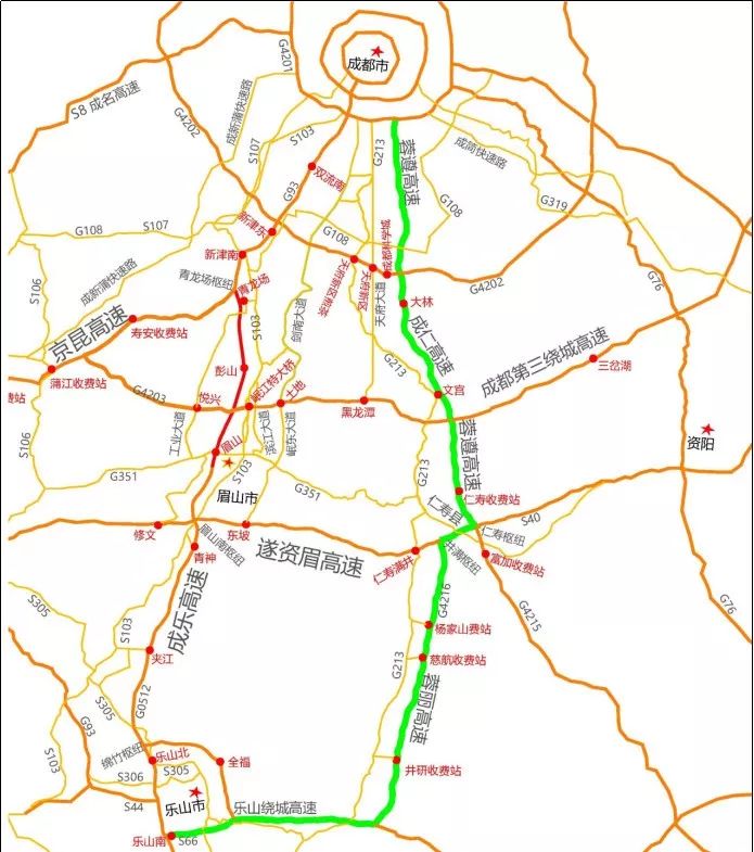 路线2: 乐成方向车辆在乐山绕城高速上站经蓉丽高速,遂洪高速至成仁