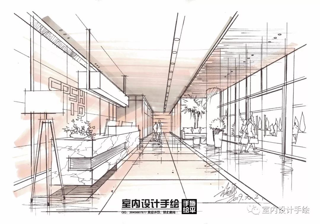 【原创手绘】简单的商业楼大厅空间上色步骤!