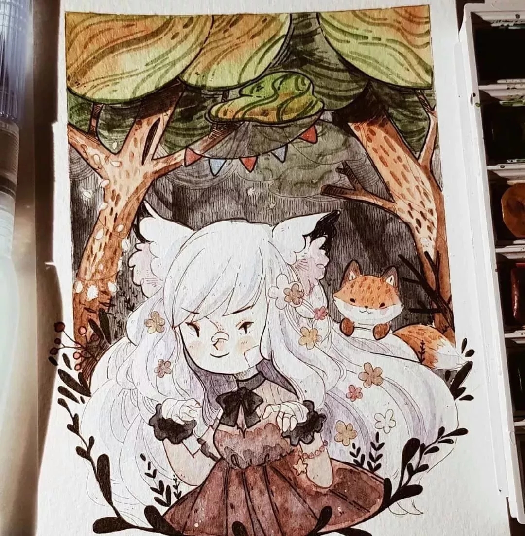 1/ 12 今天介绍一组非常可爱的水彩插画,关于二次元的森林系可爱萝莉