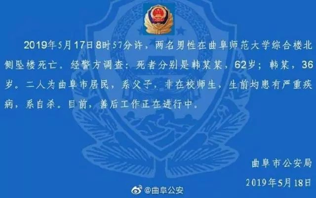 2019年5月17日8时57分许,两名男性在曲阜师范大学综合楼北侧坠楼死亡