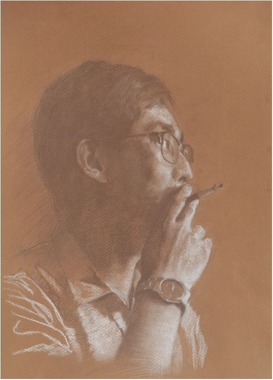 《抽烟者》,吴盛捷,28×45cm,铅笔色粉笔素描,2017