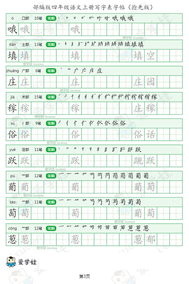 抢鲜看,部编版小学语文四年级上册写字表字帖(最新编排)