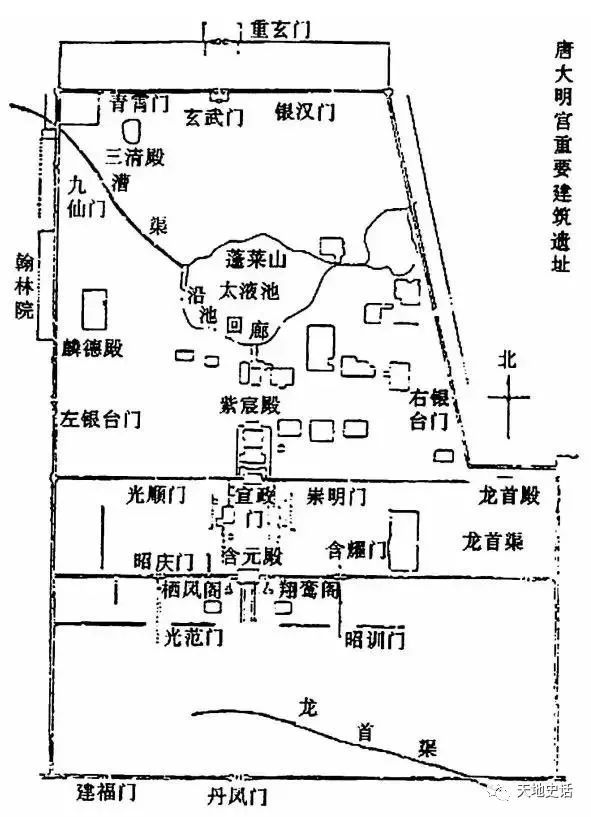 上由南向北依次布置,分别为:含元殿为大朝,宣政殿为治朝,紫宸殿为燕朝