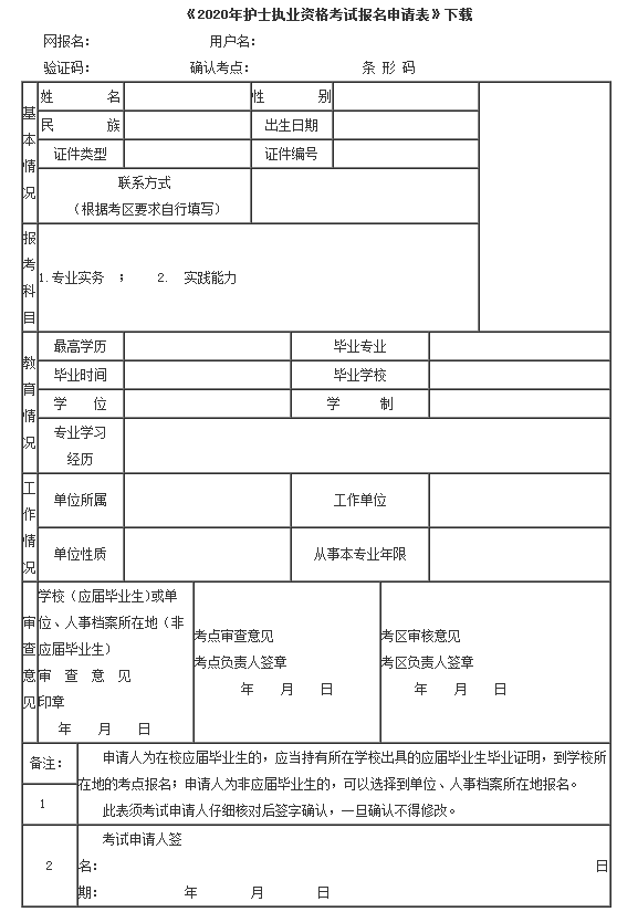 《2020年护士执业资格考试报名申请表》下载及说明