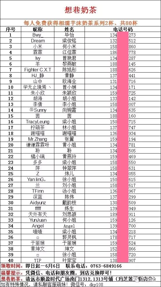 想巷奶茶中奖名单