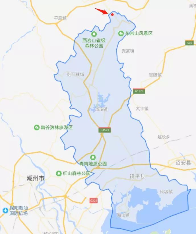 "下善村"位置示意图,蓝色部分为饶平县全域.