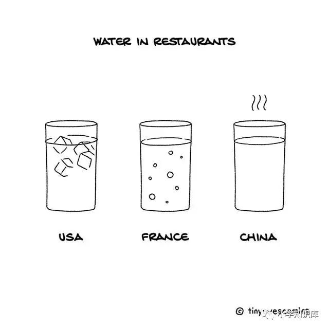 "餐厅中供应的水""美国:冰水""法国:气泡水""中国:热水"