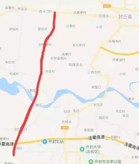 项目路线起于封丘县城西,獐鹿市乡东侧的国道327上,与国道327相交设