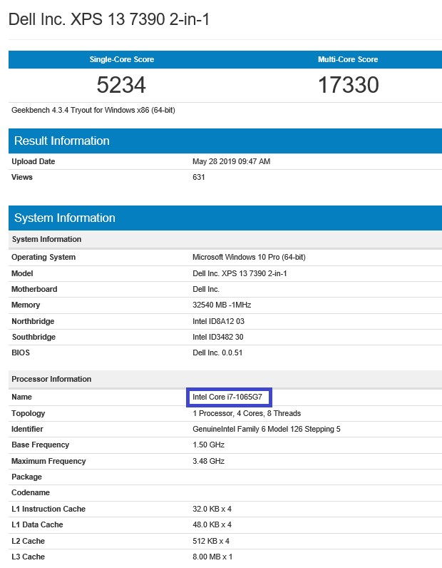 英特爾10代酷睿 i7-1065 G7跑分曝光：單核5234，多核17330 科技 第1張