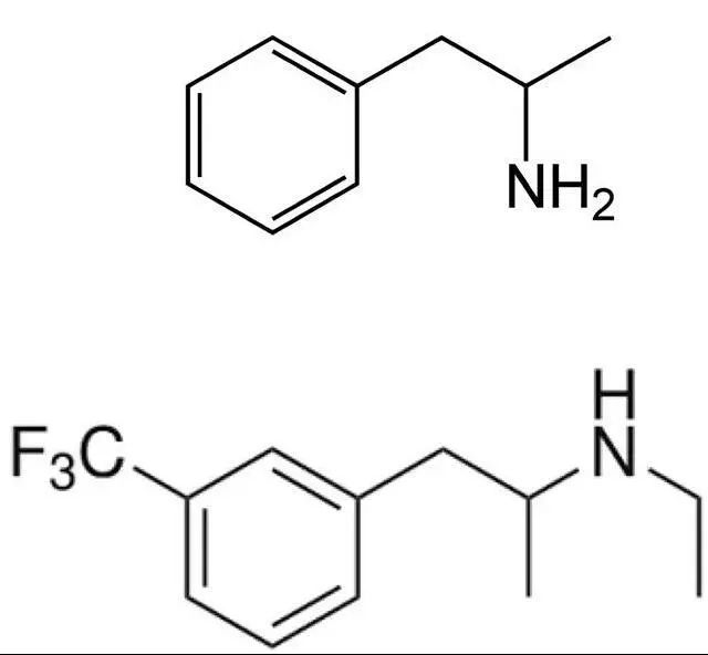 安非他命(上)和芬弗拉明(下)于是,芬氟拉明作为安非他命的衍生物被