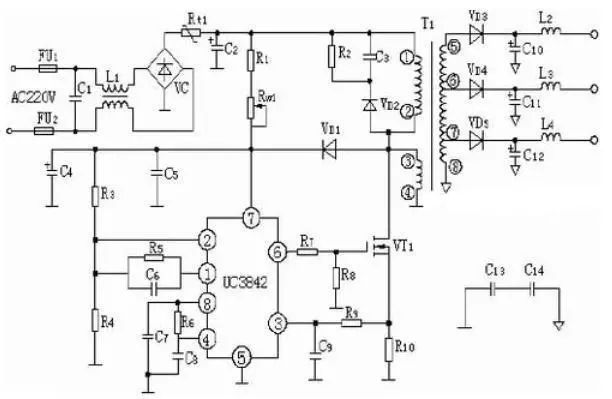 2、TOP224P构成的12V、20W开关直流稳压电源电路 由TOP224P构成的 12V、20W开关直流稳压电源电路如图所示。电路中使用两片集成电路:TOP224P型三端单片开关电源(IC1),PC817A型线性光耦合器 (IC2)。交流电源经过UR和Cl整流滤波后产生直流高压Ui,给高频变压器T的一次绕组供电。VDz1和VD1能将漏感产生的尖峰电压钳位到安全值, 并能衰减振铃电压。VDz1采用反向击穿电压为200V的P6KE200型瞬态电压抑制器,VDl选用1A/600V的UF4005型超快恢复二极