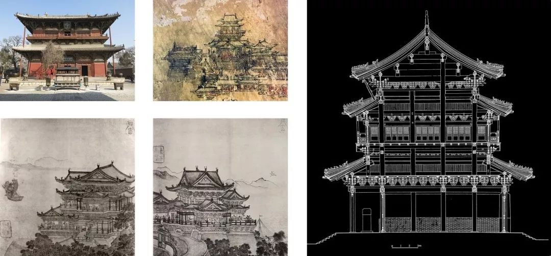 《繁峙岩山寺》);左下,中下:天籁阁旧藏宋人画册中的《滕王阁图》