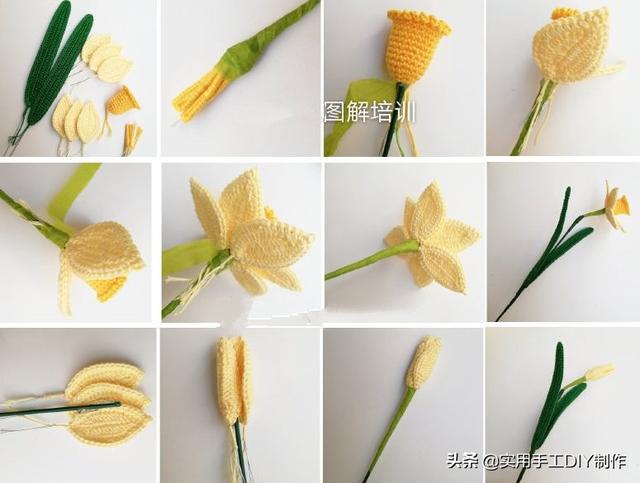 原标题:「钩编图解」黄水仙、安祖花、熏衣草、双色荷花和百合花图解 钩针编织的花朵 - 水仙花,由多种颜色和色调的细棉纱编织而成; 主要材料:白色,黄色,浅黄色,绿色和棕色纱线。 厚度为2-3毫米的钩针; 电线和花盆。这些手工制作的室内花卉可以放在窗台上,全年都可以欣赏,而且永不凋谢。 用黄纱编织水仙花中间的方案: