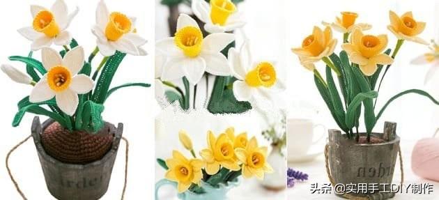 原标题:「钩编图解」黄水仙、安祖花、熏衣草、双色荷花和百合花图解 钩针编织的花朵 - 水仙花,由多种颜色和色调的细棉纱编织而成; 主要材料:白色,黄色,浅黄色,绿色和棕色纱线。 厚度为2-3毫米的钩针; 电线和花盆。这些手工制作的室内花卉可以放在窗台上,全年都可以欣赏,而且永不凋谢。 用黄纱编织水仙花中间的方案: