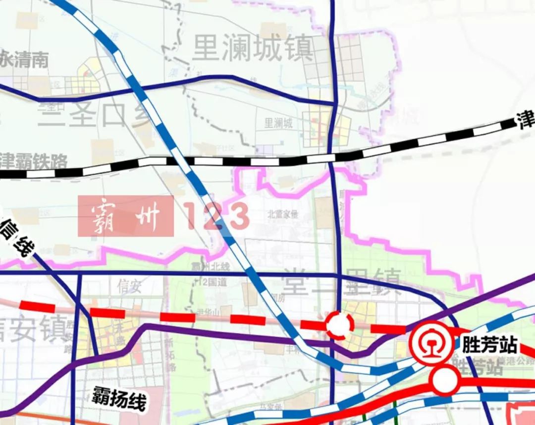 图1为霸州市胜芳站和天津至新机场联络线交汇及方向规划示意图