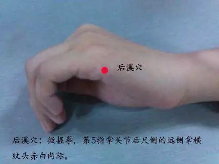 5后溪穴办法:用右手拇,食指岔开,捏拿左手合谷50下;换左手捏拿右手