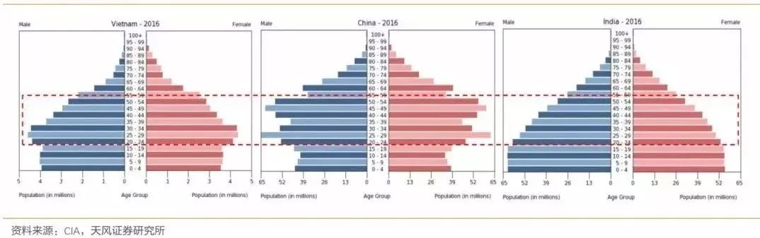从人口金字塔来看,印度是最为完美的三角形,截至2015年,中印越全国