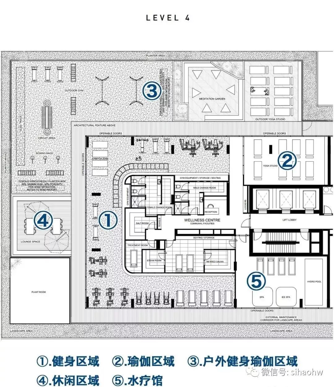 该楼层还配备了室内&室外的瑜伽室和健身房,spa,水疗室,桑拿房,蒸汽房