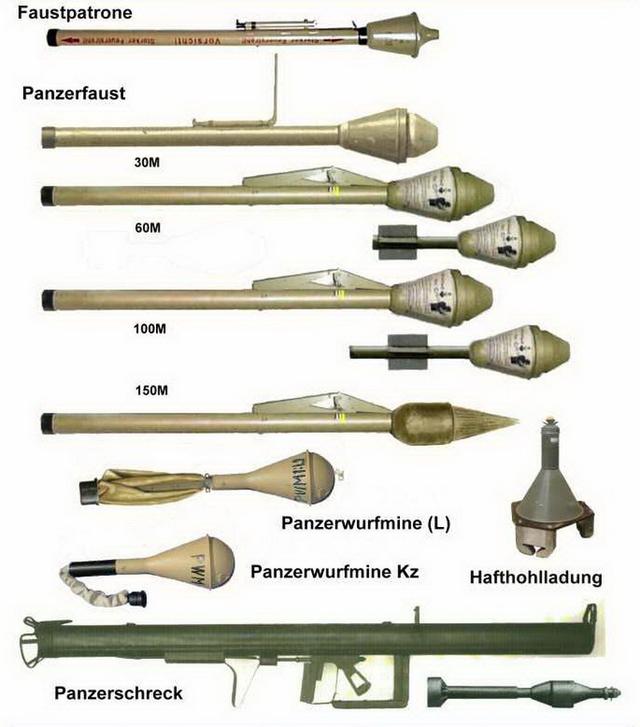 "铁拳"30,60,100,150,三种反坦克手榴弹,最下面是"坦克杀手"火箭筒