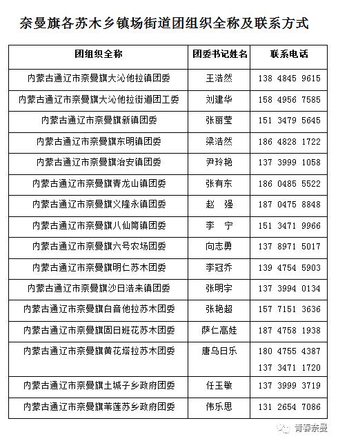 奈曼旗各苏木乡镇场街道团组织全称及联系方式