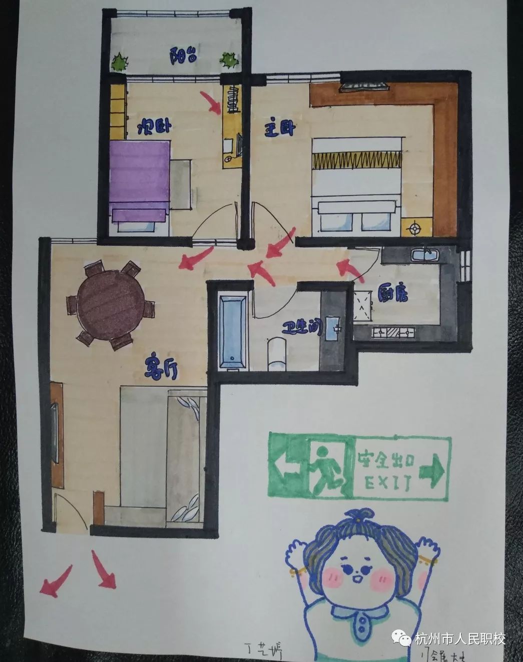 指导学生绘制家庭和学校安全逃生疏散图,家庭疏散图学生与家长同做.