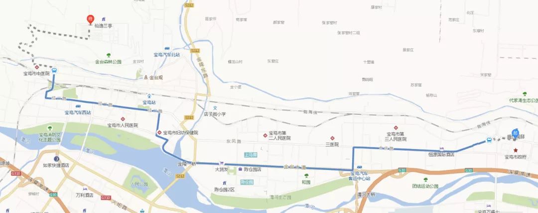 (图为从宝鸡行政中心出发路线指引图,乘坐1路公交)