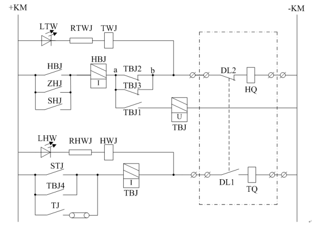 shj为手合接点,stj为手跳接点,zhj为重合闸接点,hbj为合闸保持继电器