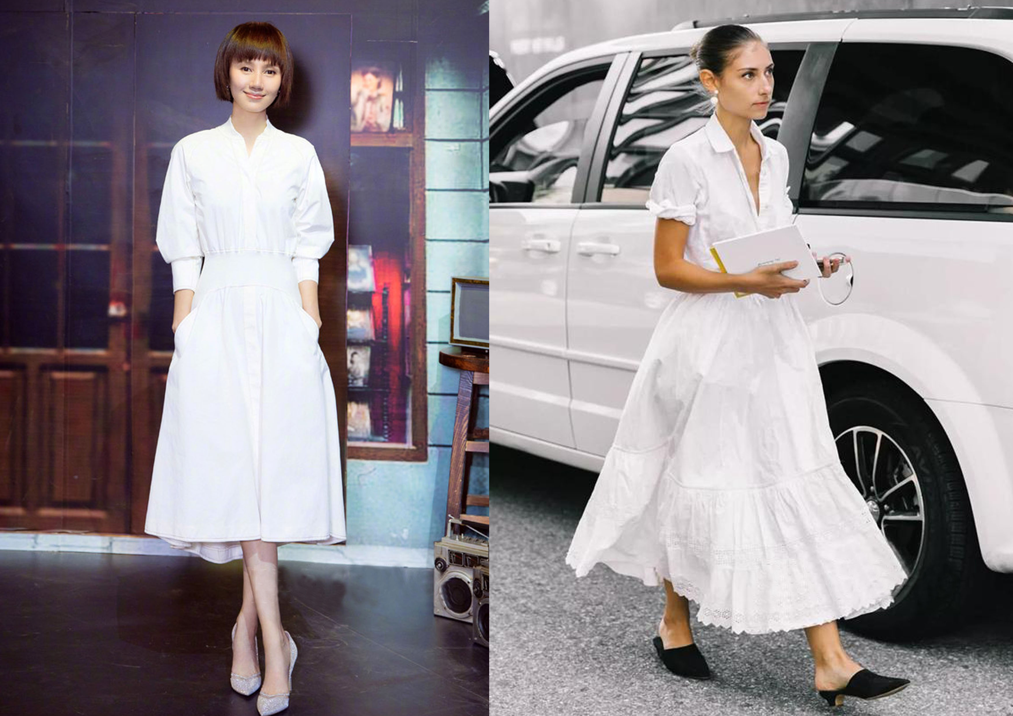 简单的纯色搭配,气质和优雅的造型,纯黑色收腰衬衫裙,推荐搭配白色的