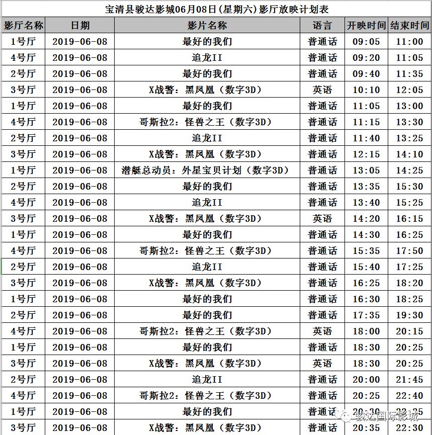 骏达国际影城6月8放映表