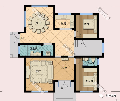 一层平面图:设有玄关,客厅,老人房,次卧,厨房,餐厅,卫生间.