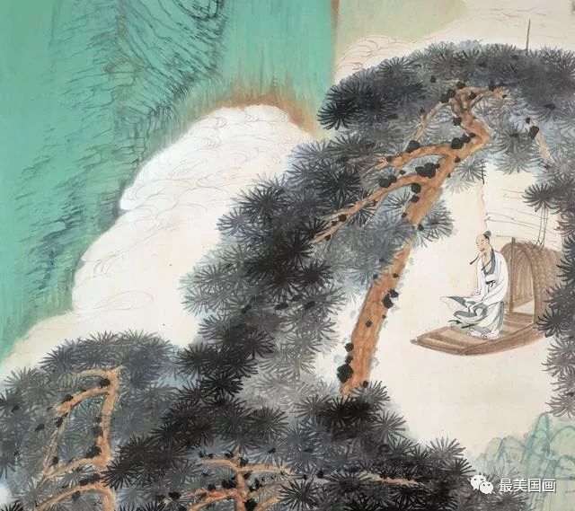近现代 张大千-青绿山水人物图 天博 纸160x54