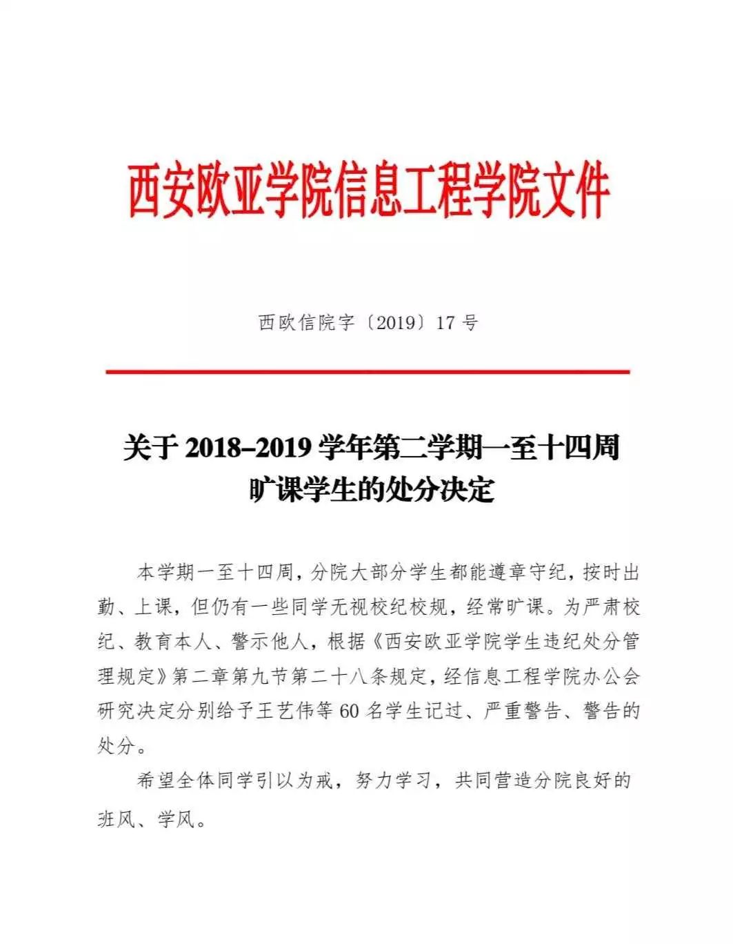 关于2018-2019学年第二学期一至十四周旷课学生的处分决定