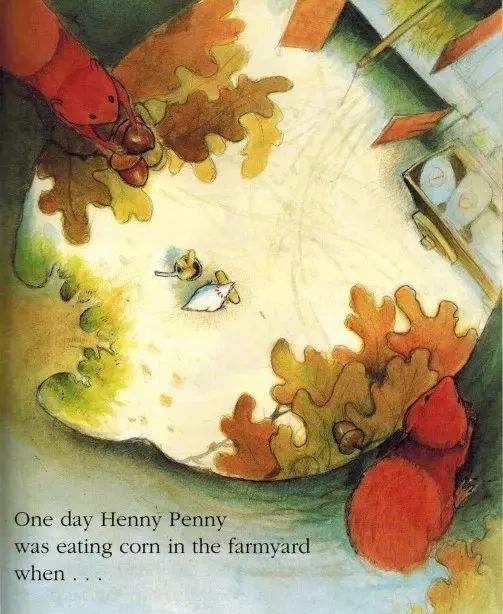 one day henny penny was eating corn in the farmyard when.