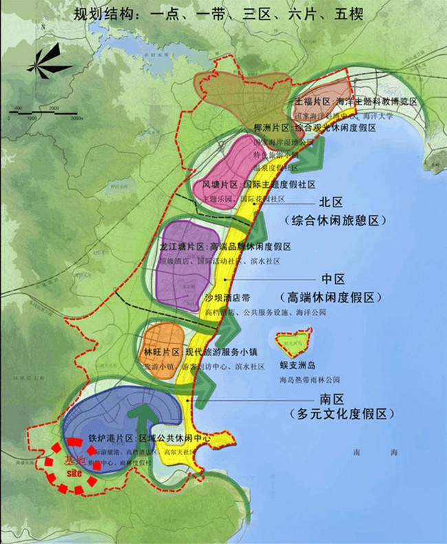 4,海棠湾的用地布局结构为:"一点,一带,三区,六片,五楔".
