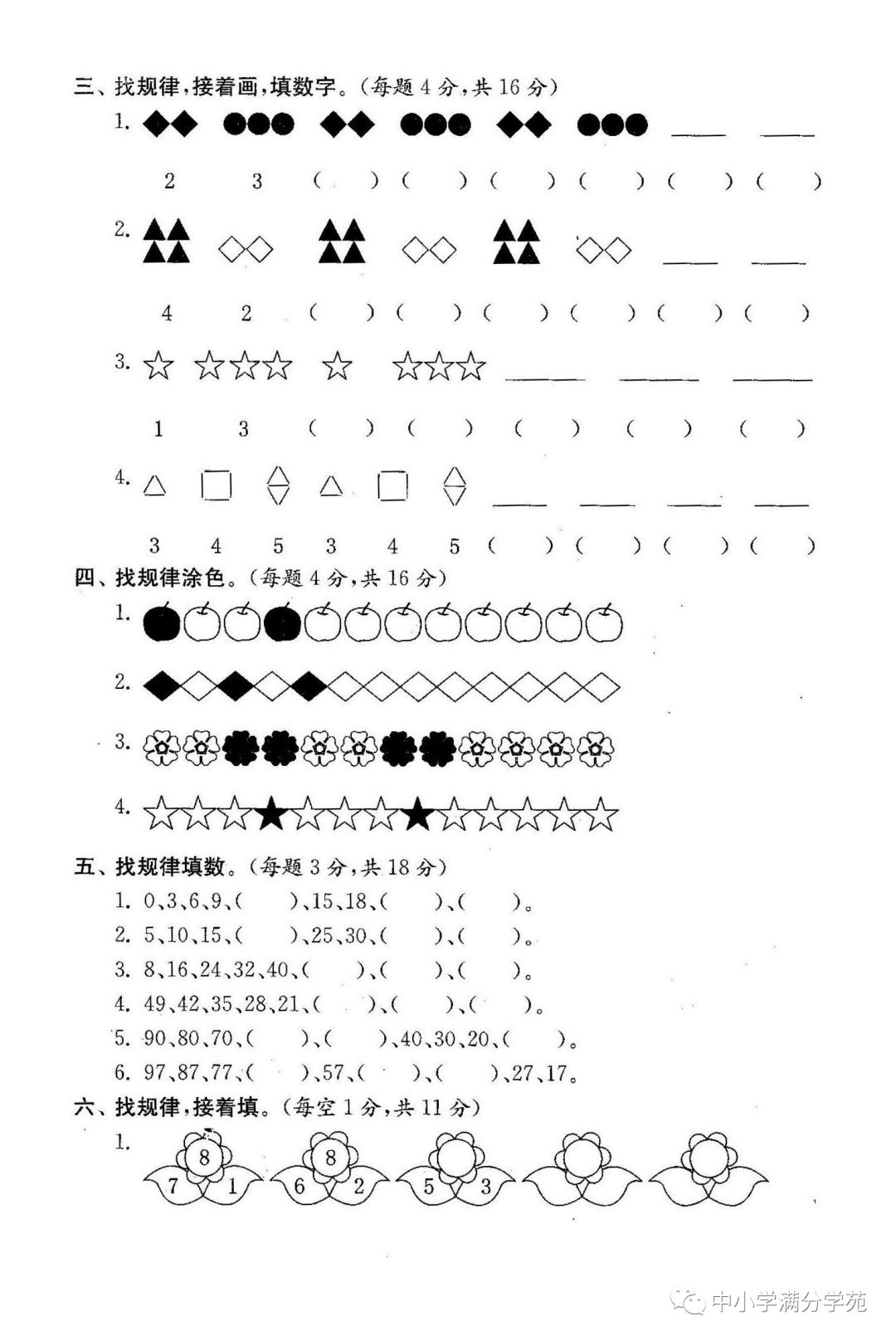 一年级数学下册:第七单元《找规律》检测卷 答案,题型经典,全面