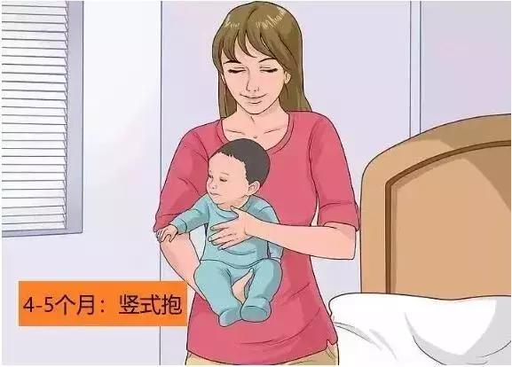 4—5个月的时候,可以试着让宝宝尝试竖式抱法,但是此时依然要给予宝宝