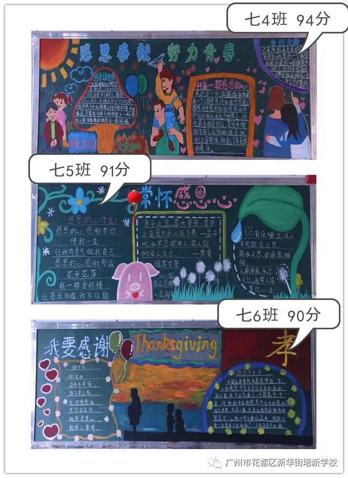 各个教室里,同学们精心绘制的感恩系列墙报,形式多样,内容丰富,给五月