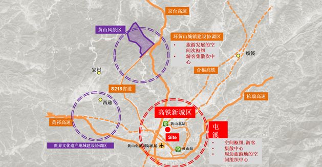 西至潜口路,南至梅林大道,紧邻黄山旅游客运枢纽,距离机场直线距离仅9