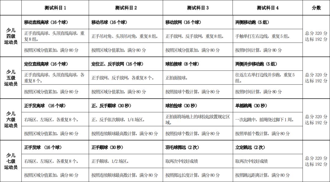 羽毛球运动水平等级评定标准