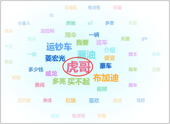 显示，虎哥成为核心关键词，而关于车的各类关键词也引起粉丝们的热议。虎哥说车粉丝舆情，数据来源：卡思商
