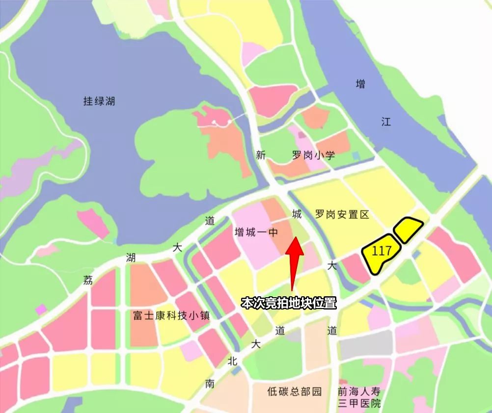 和罗岗安置房小区仅一条马路之隔,紧邻挂绿湖,地块后是增城第一中学