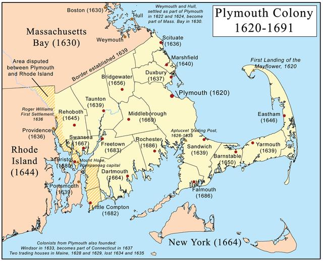 ▼图:普利茅斯殖民地(plymouth colony:1620-1691年.