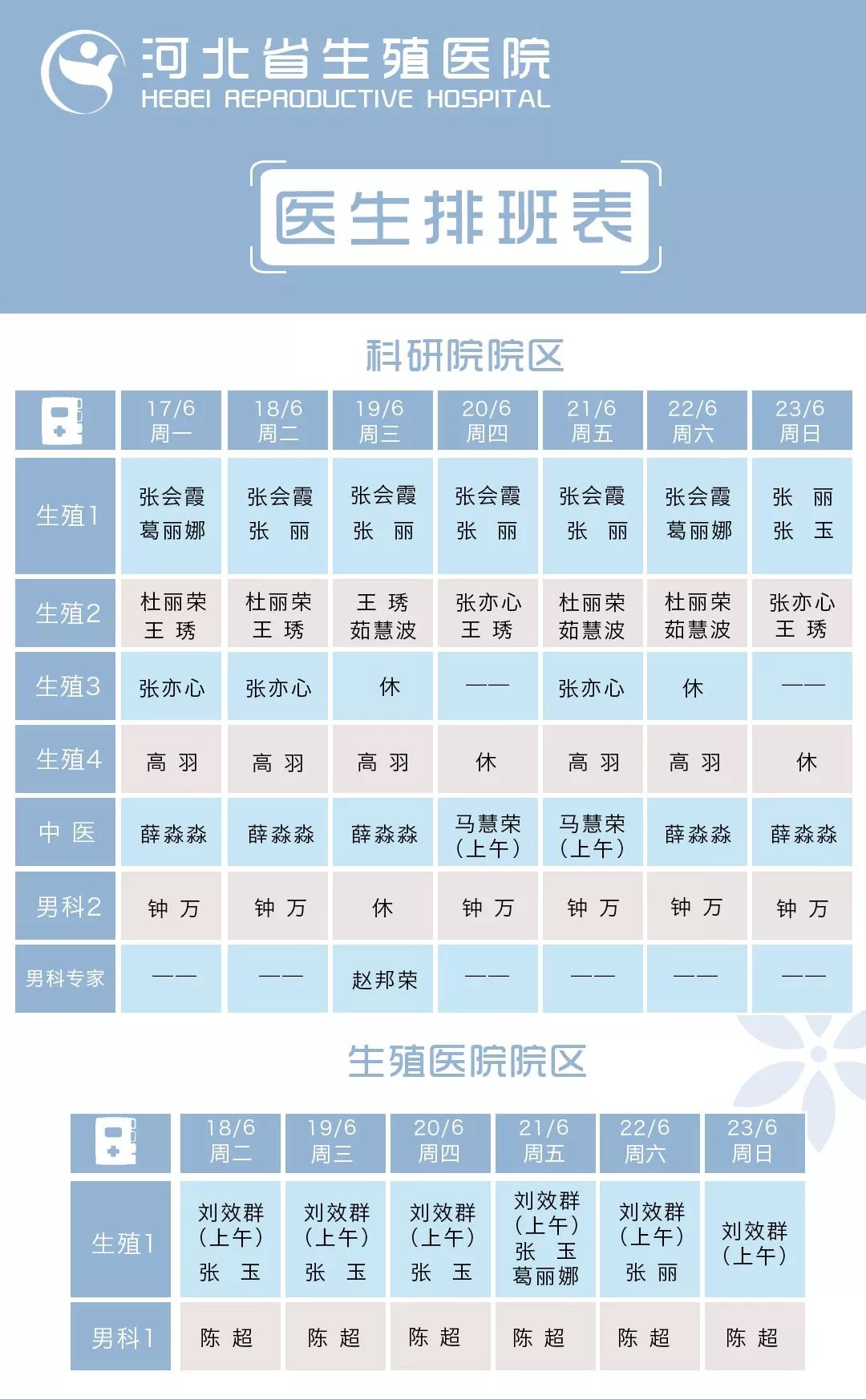 出诊一览表 | 6月17日—6月23日医生排班表