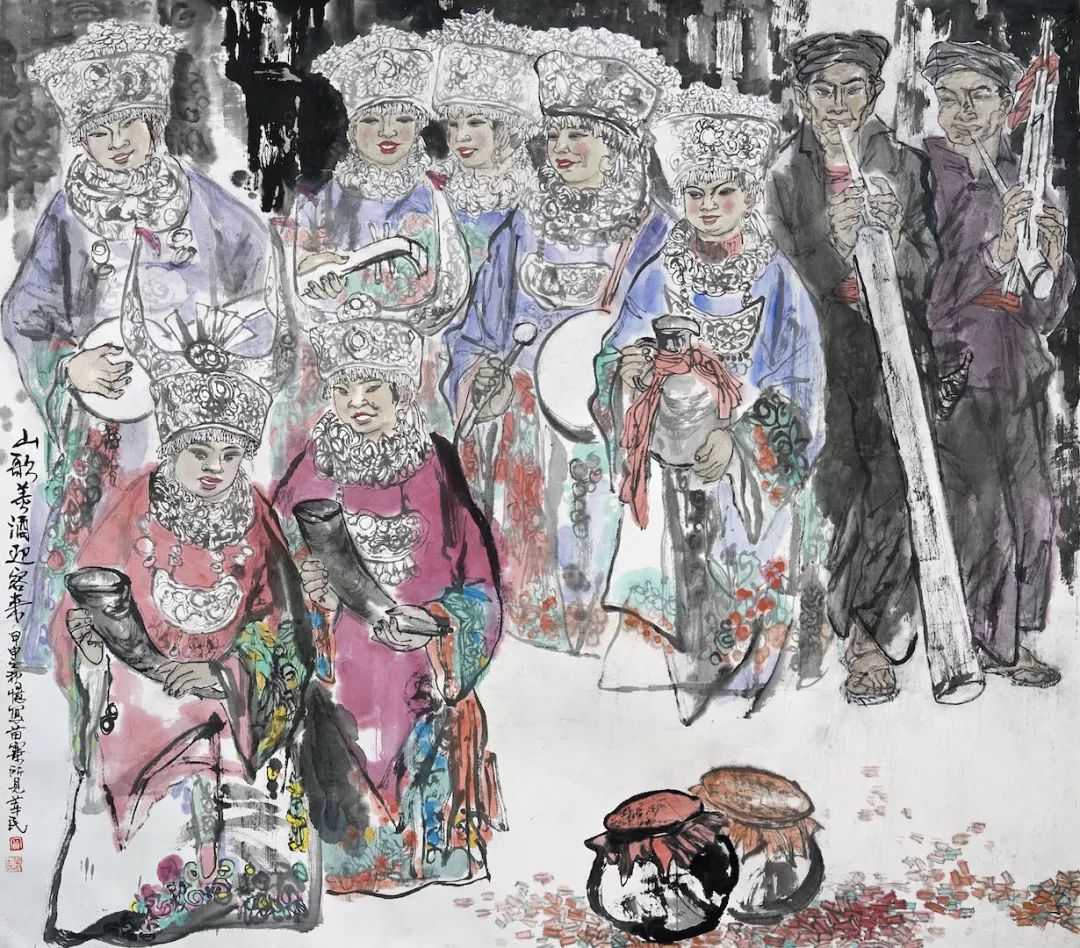 买莘民《山歌美酒迎客来》国画 150×150cm 2008年