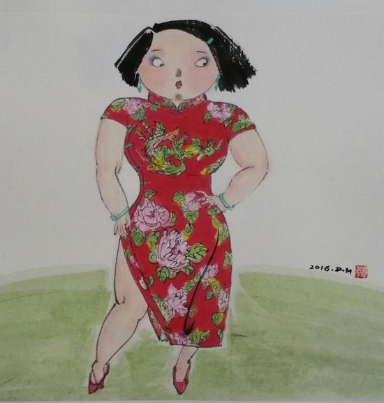 《小胖妞》窦红 国画作品 34x34cm《喜儿》窦红 国画作品 34x34cm