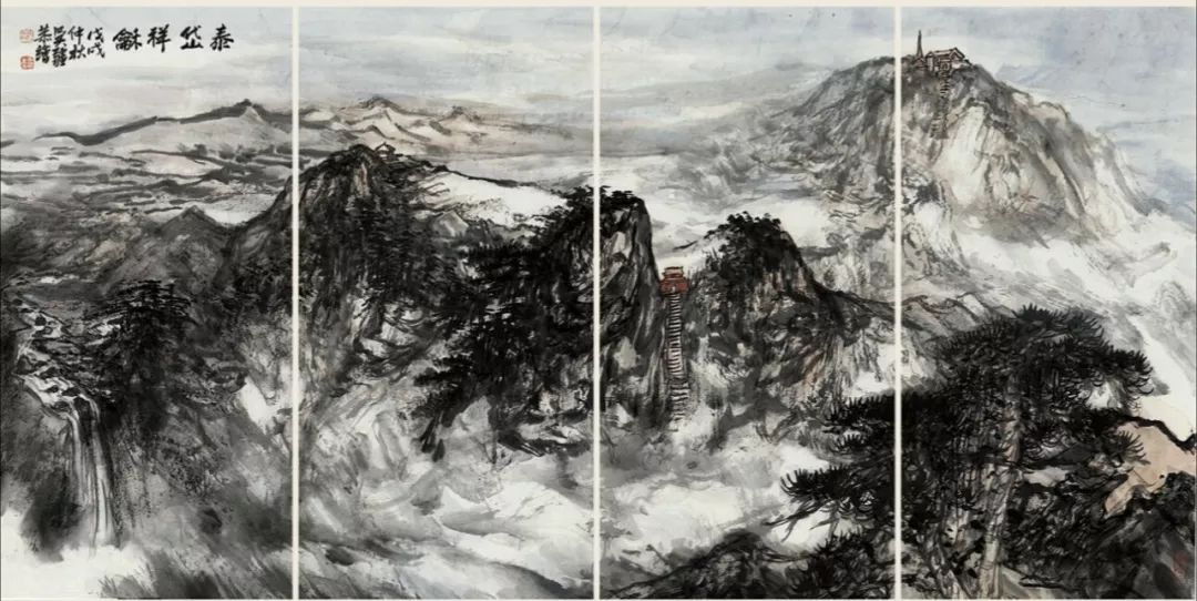 吴疆《泰岱祥和》 68cm×34cm*4 纸本设色