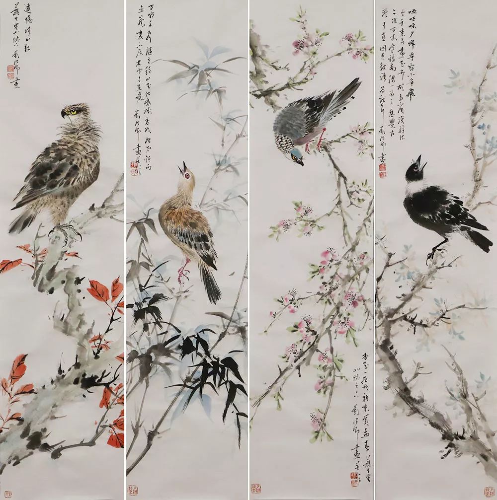 2. 中国人民大学哲学美学博士 刘阔 花鸟四条屏 国画 98*24cm*4