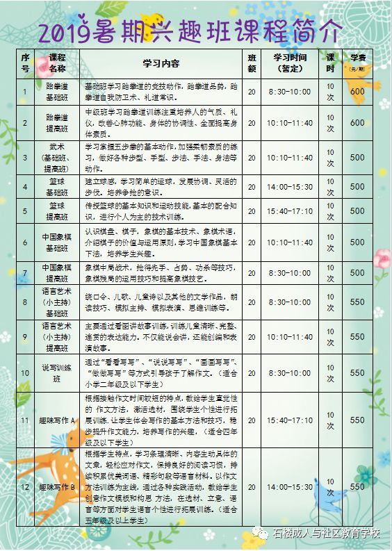 石楼社区教育学校暑期少儿兴趣班开始报名啦