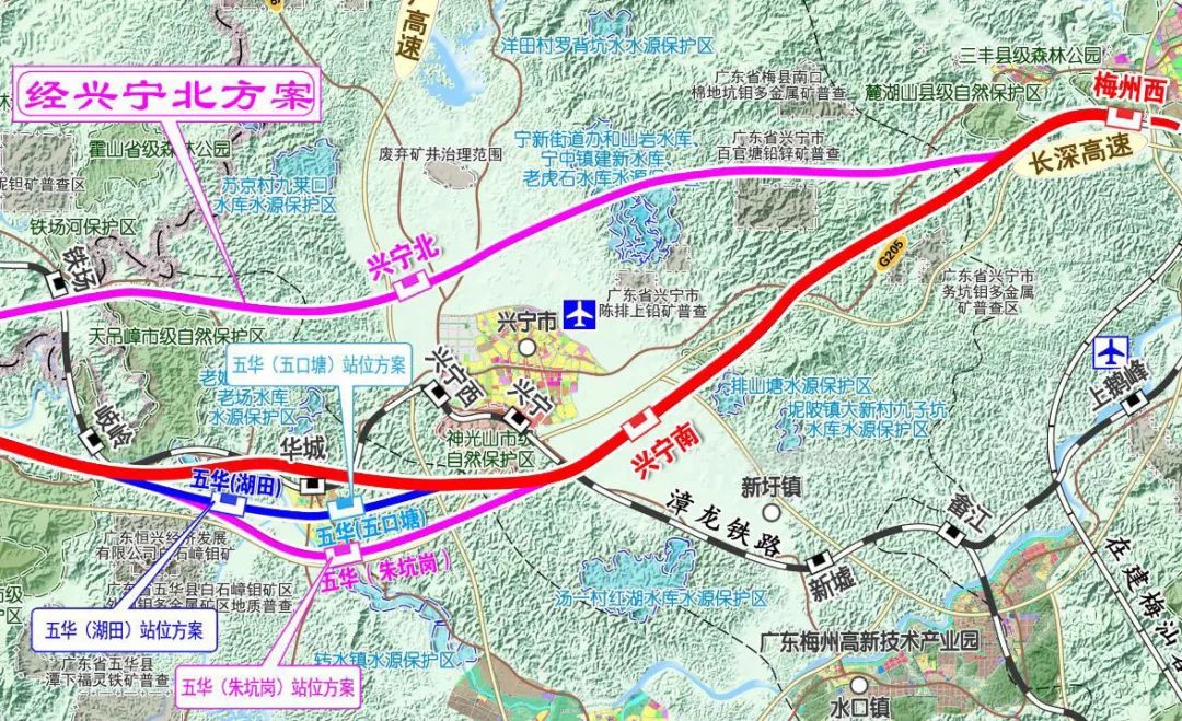 梅龙高铁线路走向及路网衔接示意图 新建正线全长约96km,设计速度