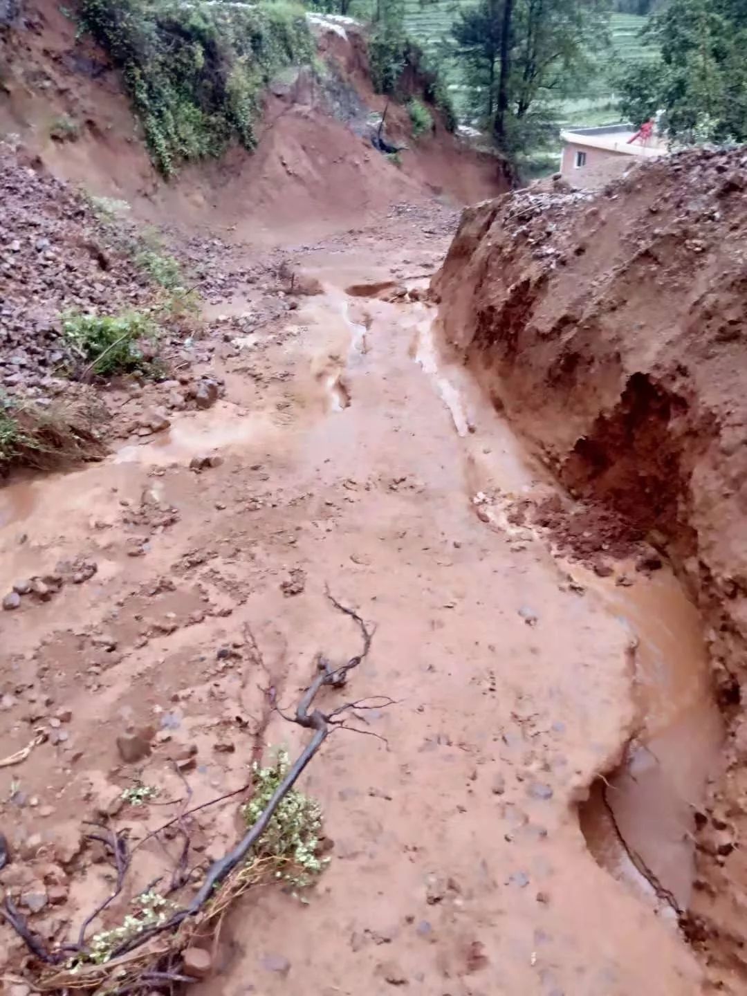 宣威三个乡镇突降暴雨,引发洪涝,山体滑坡,公路塌方.